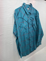 New Men’s ELY Diamond Blue Plaid Long Sleeve Pearl Snap Large X-73