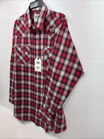 New Men’s ELY Cattleman Red Gray Plaid Long Sleeve Pearl Snap XLT T-7