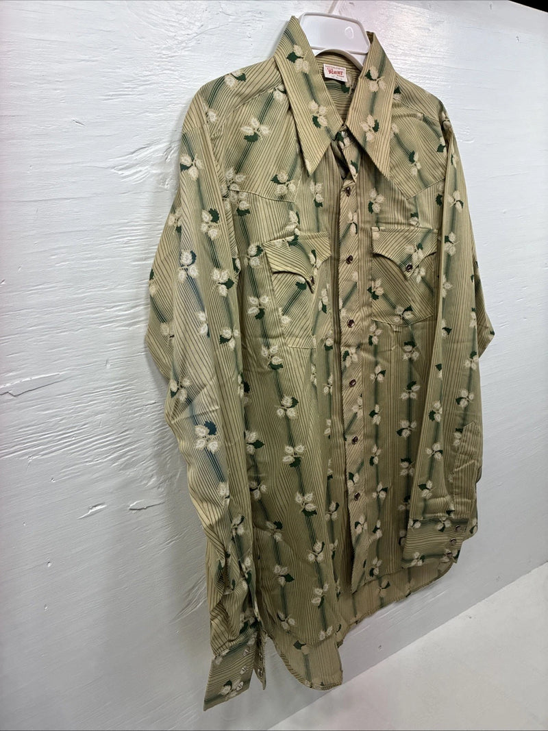 New Men’s ELY Plains Green Tan Floral Long Sleeve Pearl Snap 16.5 Large V-56