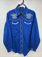 New Women’s Western Express Blue Design Long Sleeve Pearl Snap Large KK-73