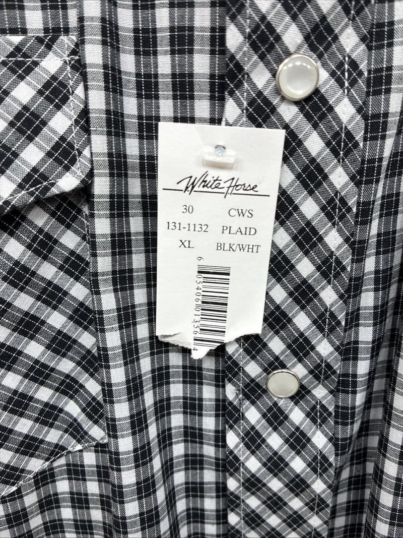 New Men’s White Horse  Black White Plaid Long Sleeve Pearl Snap XL H-80