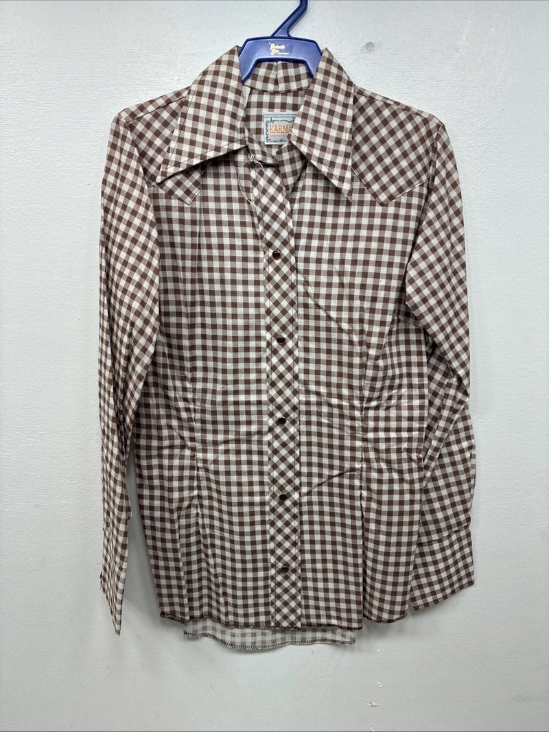 New Women’s Karman Brown Checkered Long Sleeve Pearl Snap Size 30 LL-54