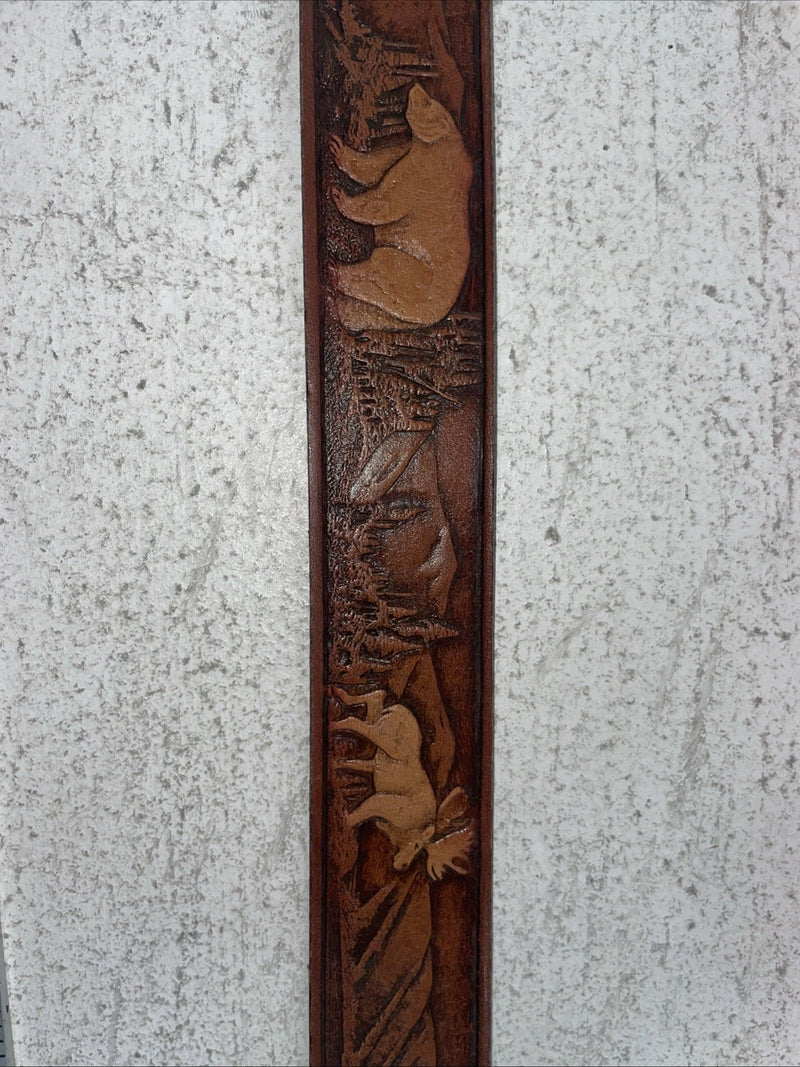 New Brown Genuine Leather Wildlife Tooled Belt 34” #6380 Z-7