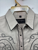 New Women’s White Horse Tan Black Design Long Sleeve Pearl Snap Medium YY-18