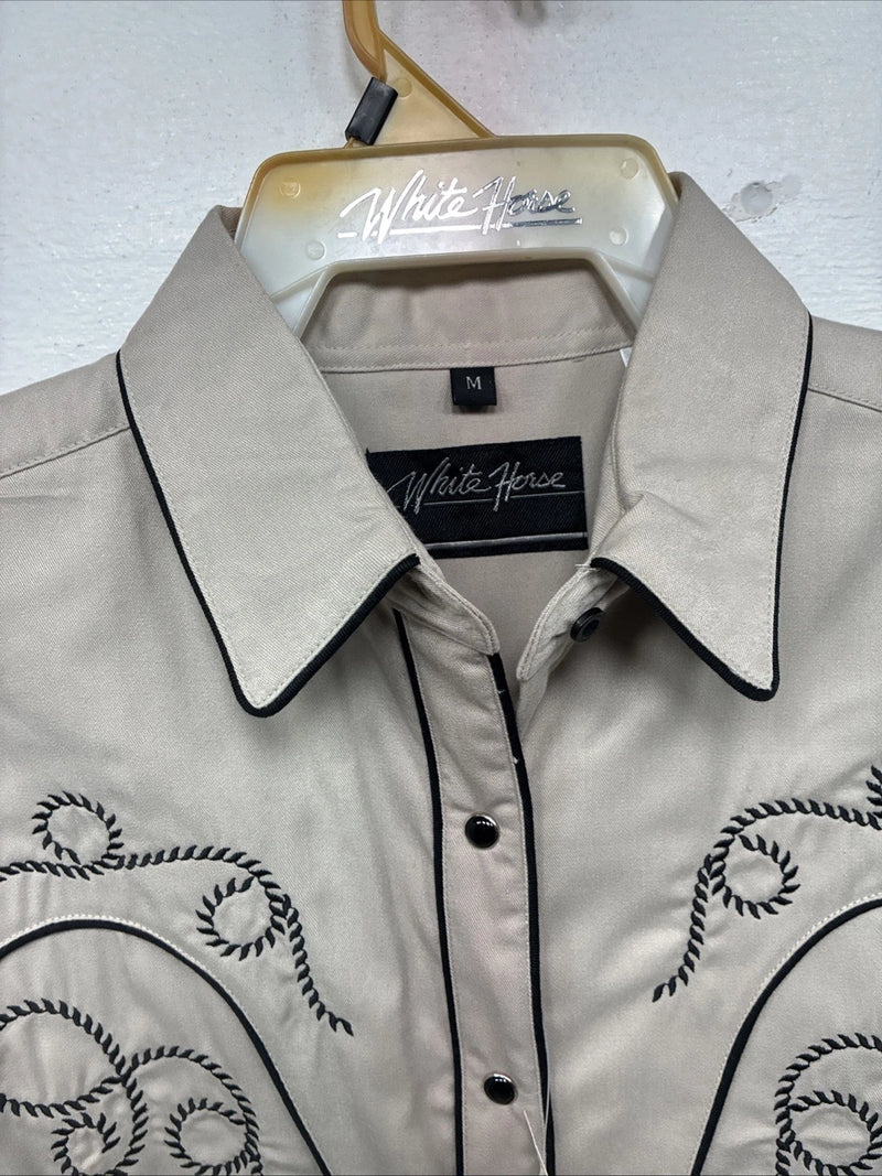 New Women’s White Horse Tan Black Design Long Sleeve Pearl Snap Medium YY-18