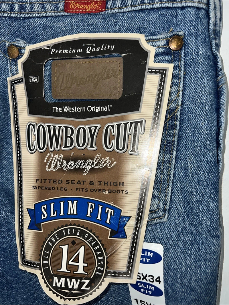 New Men’s Cowboy Cut Slim Fit Wrangler Denim Jeans. 15x34 G-8