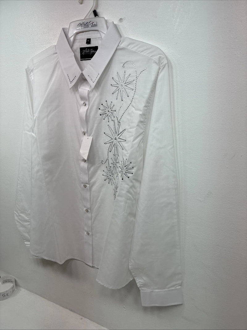 New Women’s White Horse White Gem Long Sleeve Pearl Snap XL II-29