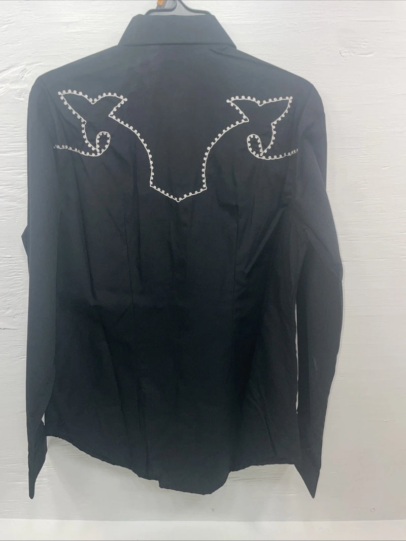 New Men’s White Horse Black Long Sleeve Pearl Snap Medium B-101
