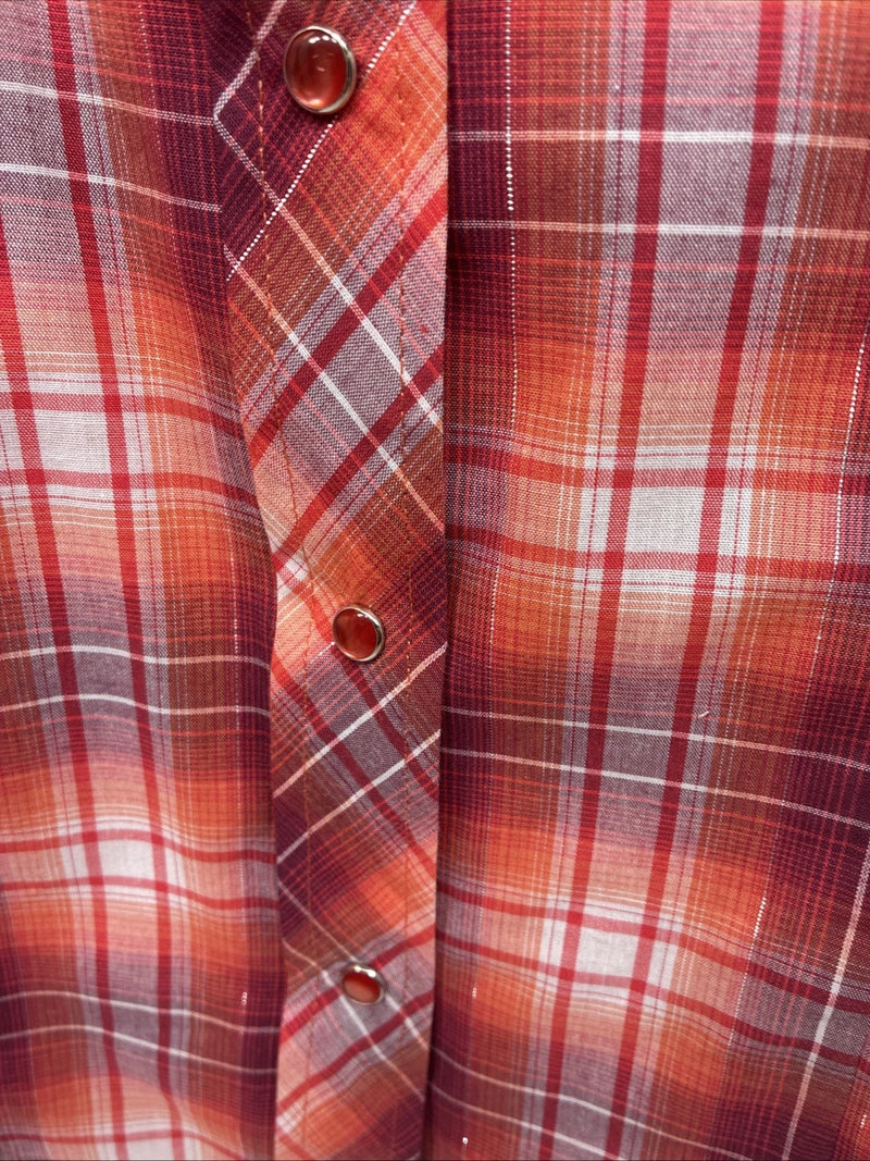 New Women’s Cumberland Pink orange Plaid Long Sleeve Pearl Snap XL GG-61