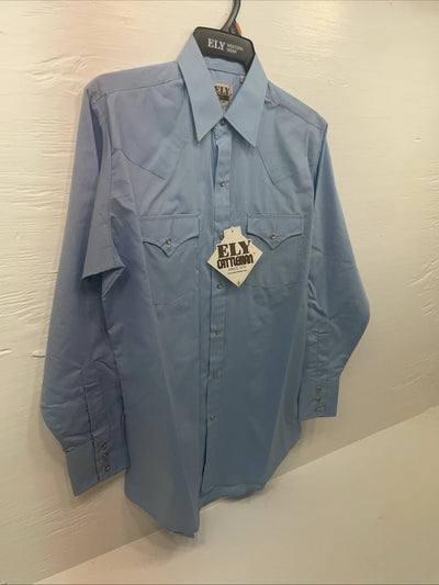 New Men’s ELY Cattleman Blue Long Sleeve Pearl Snap 15.5 X 33 Medium B-114