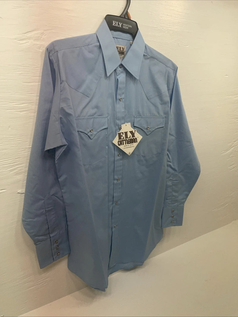 New Men’s ELY Cattleman Blue Long Sleeve Pearl Snap 15.5 X 33 Medium B-114