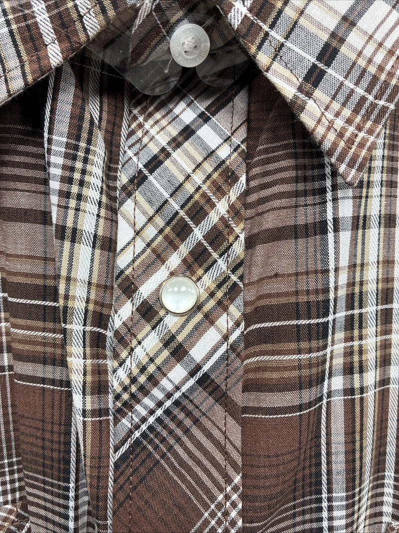 New Men’s White Horse Brown Plaid Long Sleeve Pearl Snap XL O-48