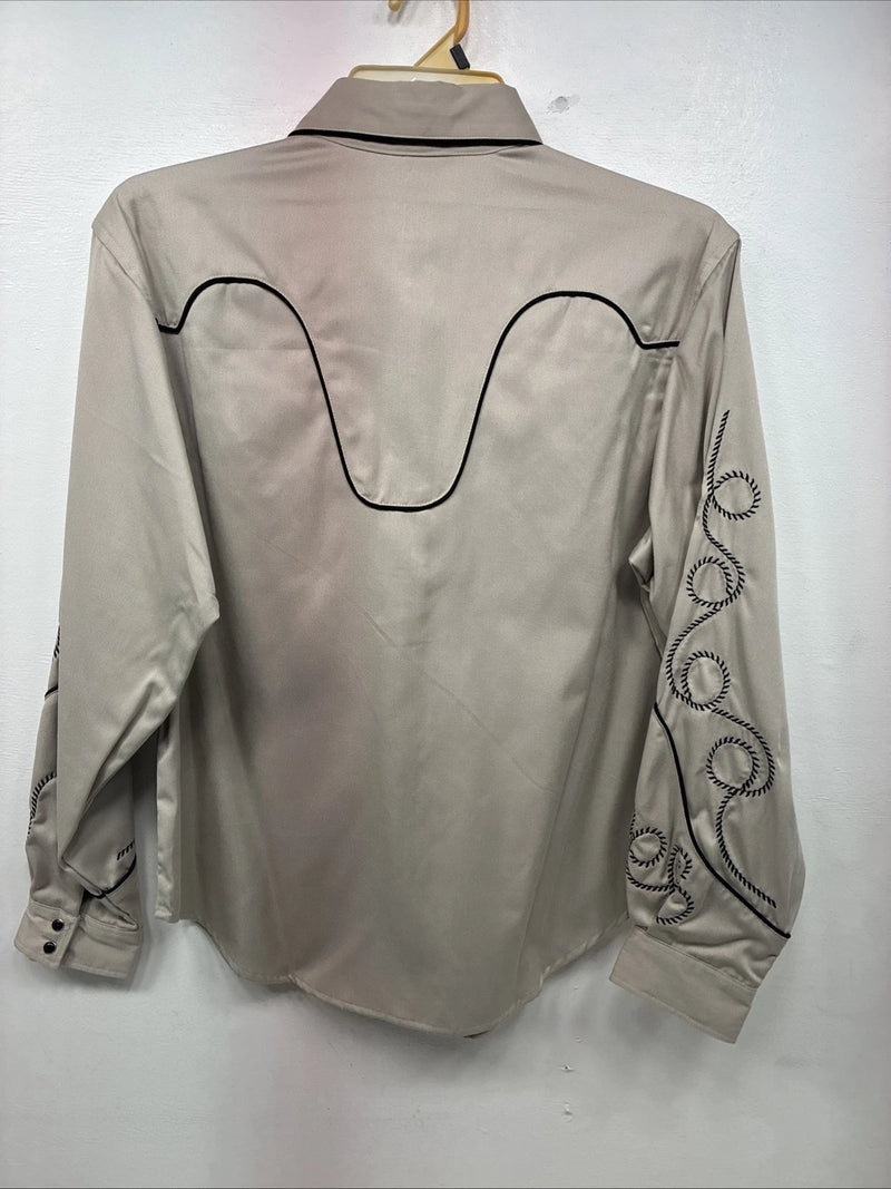 New Women’s White Horse Tan Black Design Long Sleeve Pearl Snap Medium YY-18