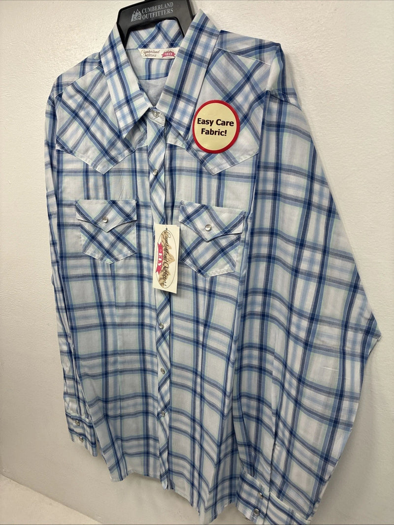 New Women’s Cumberland Blue Plaid Long Sleeve Pearl Snap XL GG-65
