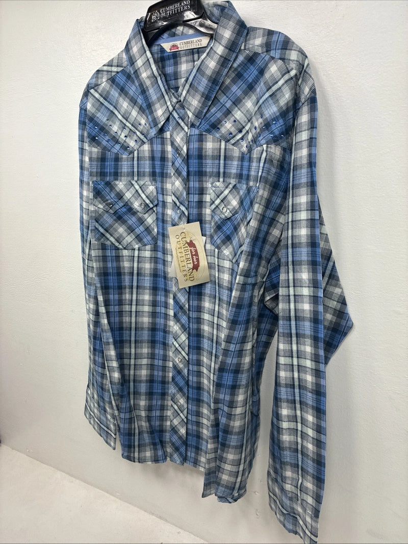 New Women Cumberland Blue Plaid Long Sleeve Pearl Snap 2XL GG-18