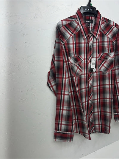New Men’s Red ELY 1878 Long Sleeve Pearl Snap Shirt. XL S-23