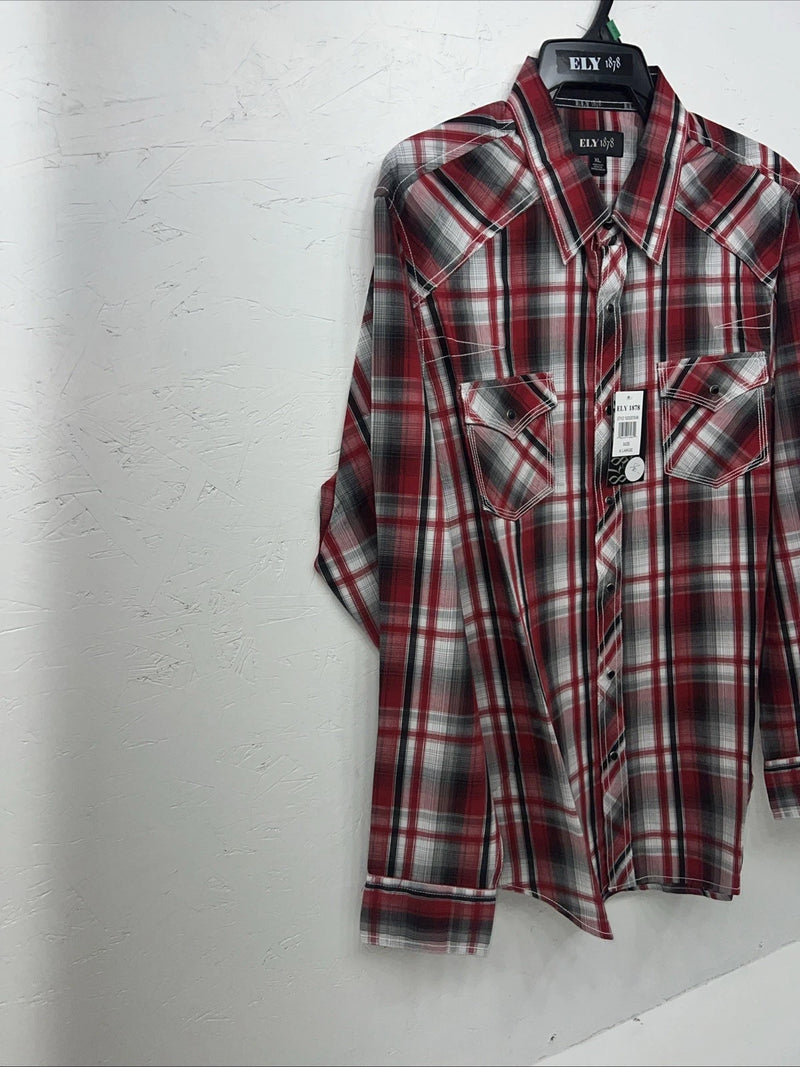 New Men’s Red ELY 1878 Long Sleeve Pearl Snap Shirt. XL S-23