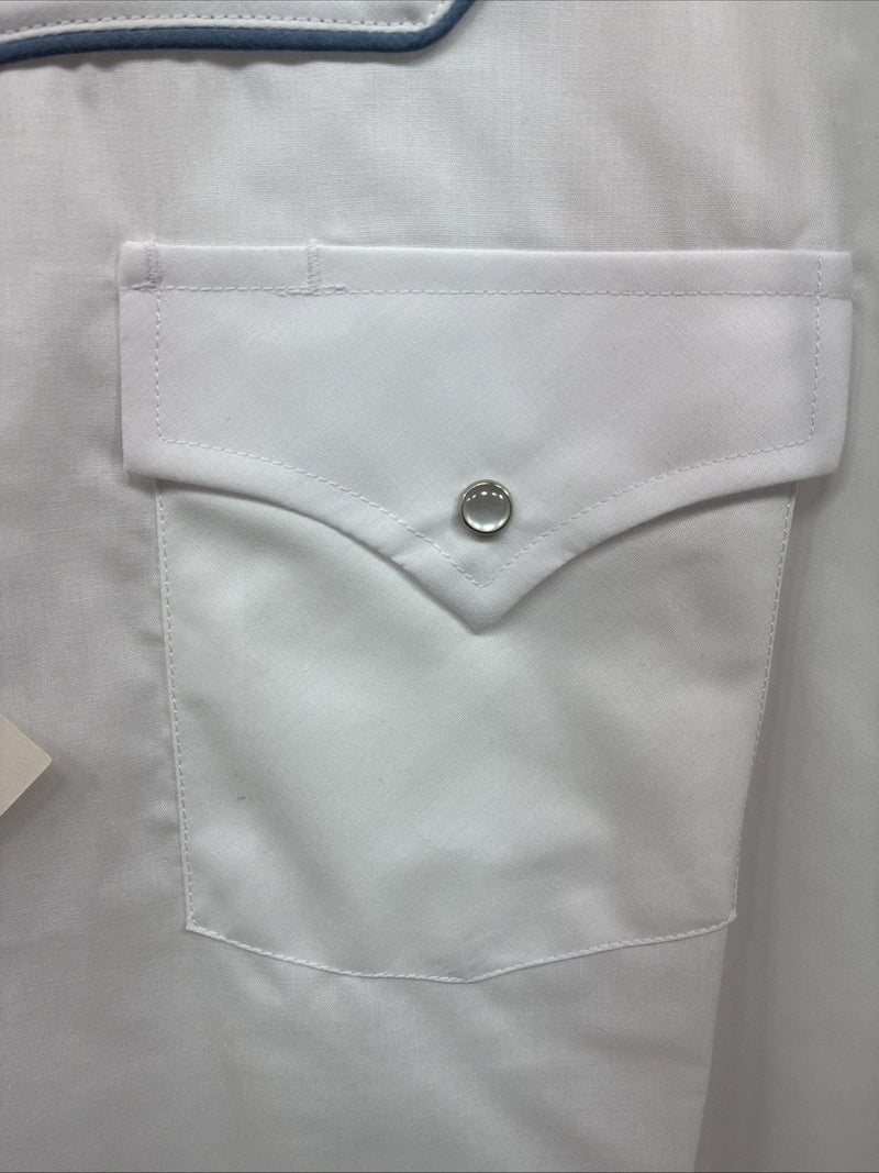 New Men’s ELY Cattleman White Blue Embroidered Long Sleeve Pearl Snap XL J-40