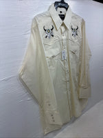 New Men’s White Horse Yellow Bull Design Long Sleeve Pearl Snap Large CC-33