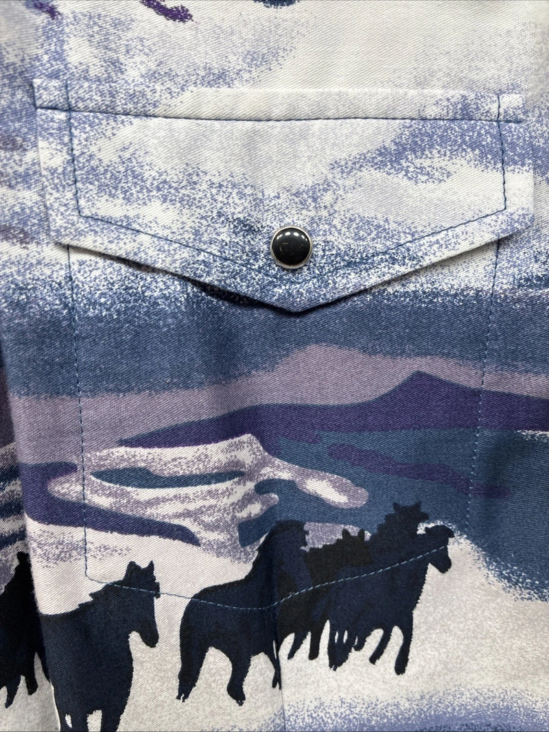 New Women’s Cumberland Blue Horse Design Long Sleeve Pearl Snap Medium YY-83