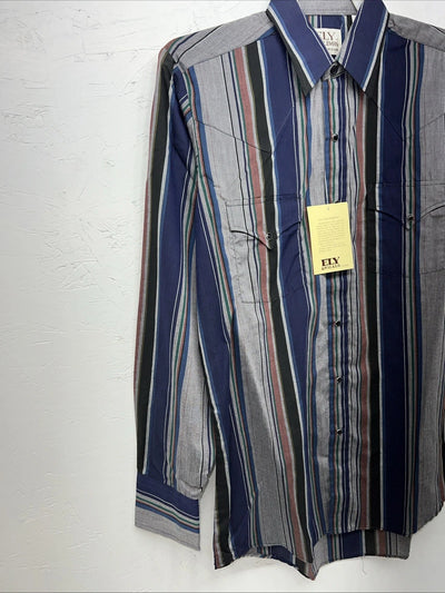 New Mens Navy Stripped ELY cattleman Pearl Snap Long Sleeve Shirt 15.5x34 M I-29