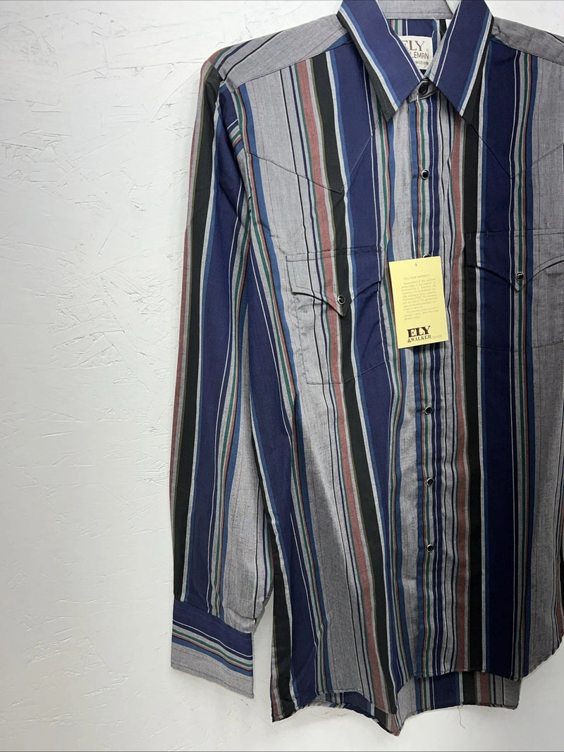 New Mens Navy Stripped ELY cattleman Pearl Snap Long Sleeve Shirt 15.5x34 M I-29