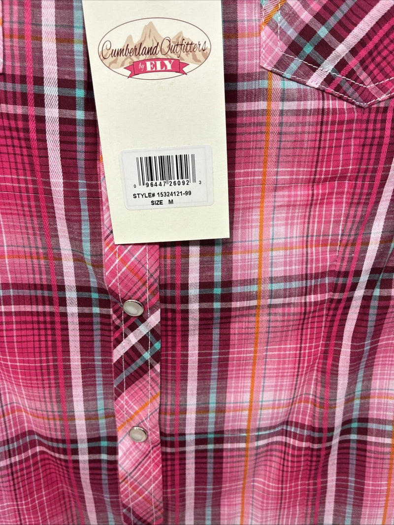 New Women’s Cumberland Pink Plaid Short Sleeve Pearl Snap Medium LL-48