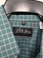 New Men’s White Horse Green Plaid Long Sleeve Pearl Snap Medium K-43