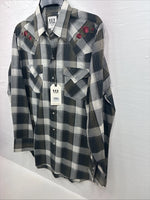 New Men’s ELY Cattleman Green Gray Plaid Long Sleeve Pearl Snap Large X-27