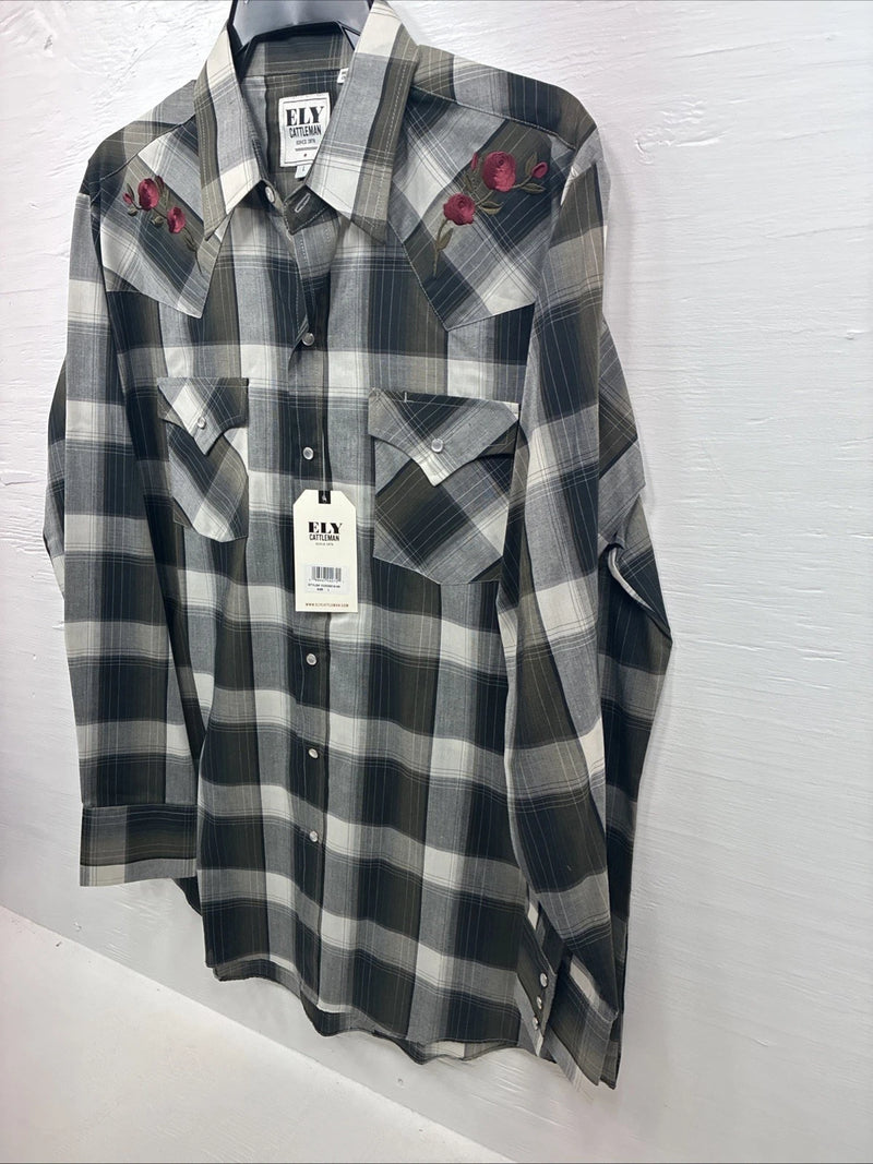 New Men’s ELY Cattleman Green Gray Plaid Long Sleeve Pearl Snap Large X-27