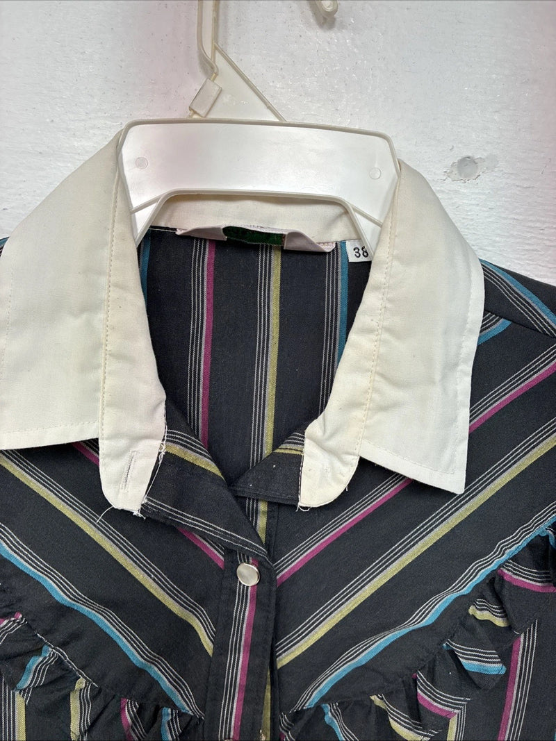 New Women’s H Bar C Black Stripe Long Sleeve Pearl Snap Size 38 TT-71
