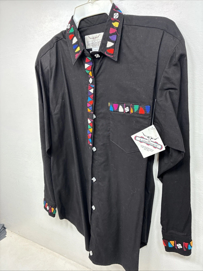 New Women’s Longhorn Black Designed Long Sleeve Button Up Medium TT-93