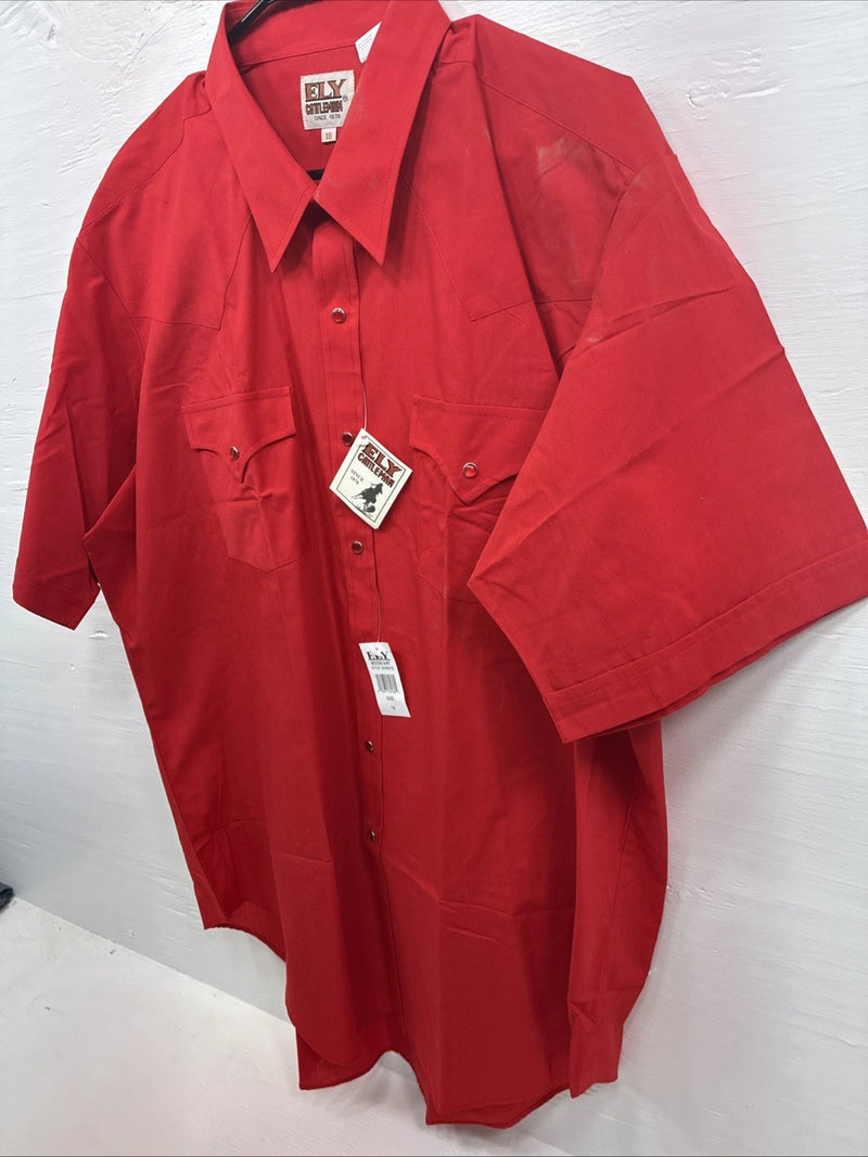 New Men’s ELY Cattleman Red Simple Short Sleeve Pearl Snap 18 2XL K-96