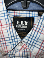 New Men’s Blue Red Plaid ELY Cattleman Button Up Long Sleeve Shirt. M P-42