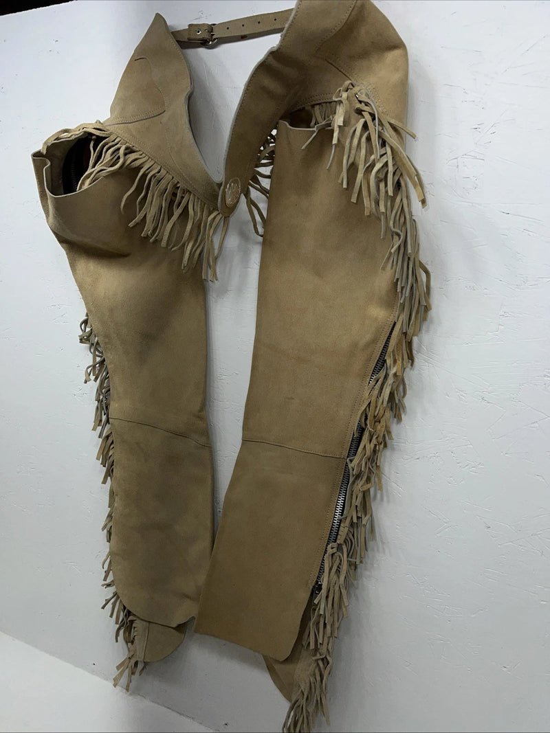 NOS Tan Show Chaps With Fringe Adjustable Waist 42” L-48