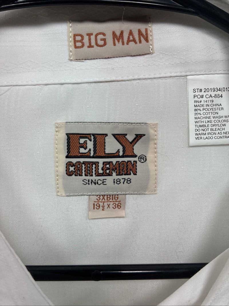 New Men’s ELY Cattleman White Designed Long Sleeve Pearl Snap 19.5 X 36 3XL T-47