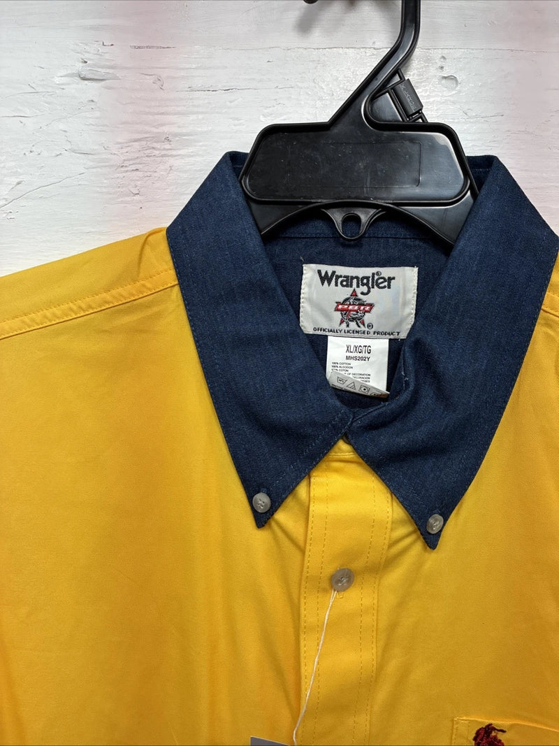 New Men’s Wrangler PBR Yellow Jean Design Long Sleeve Button Up XL O-46