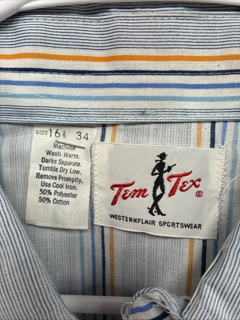New Men’s Tem Tex Blue Yellow Stripe Long Sleeve Pearl Snap 16.5 Large V-23
