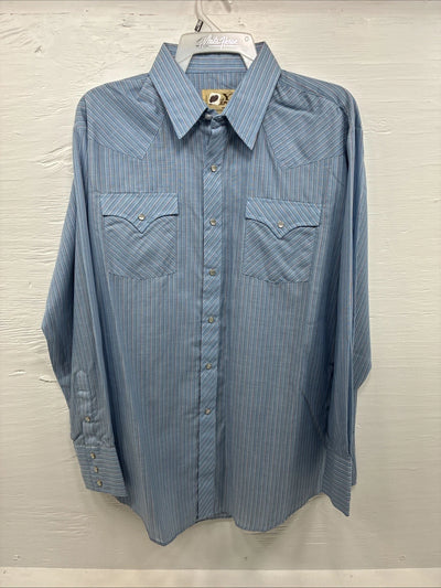 New Men’s ELY Cattleman Blue Stripe Long Sleeve Pearl Snap XL H-82