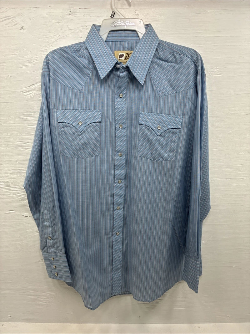 New Men’s ELY Cattleman Blue Stripe Long Sleeve Pearl Snap XL H-82