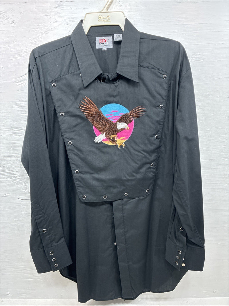 New Men’s ELY diamond Black Eagle Design Long Sleeve Pearl Snap 2XL H-38