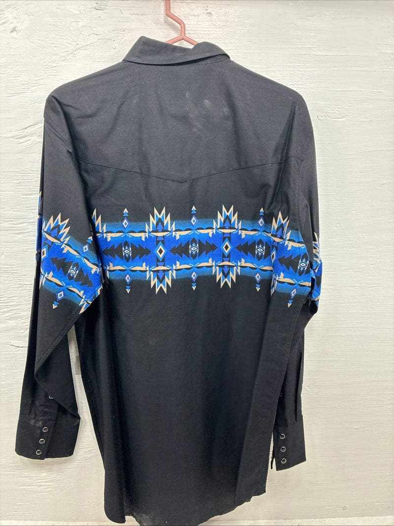 New Men’s Cumberland Black Blue Design Long Sleeve Pearl Snap Large CC-55