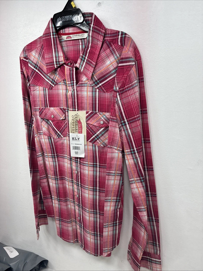 New Women’s Cumberland Pink Plaid Long Sleeve Pearl Snap Large GG-69