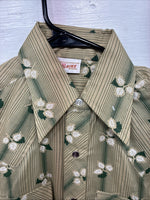 New Men’s ELY Plains Tan Green Floral Long Sleeve Pearl Snap 14.5 Small X-111