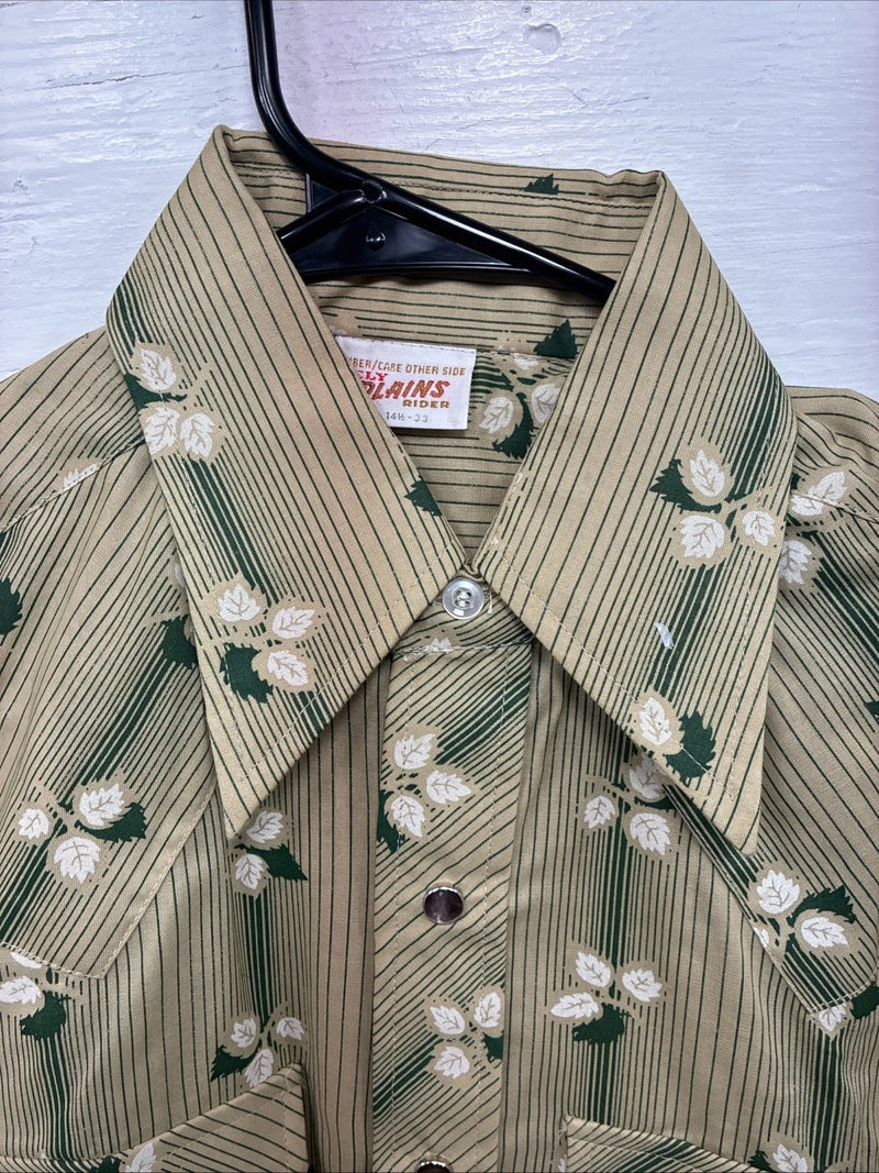 New Men’s ELY Plains Tan Green Floral Long Sleeve Pearl Snap 14.5 Small X-111