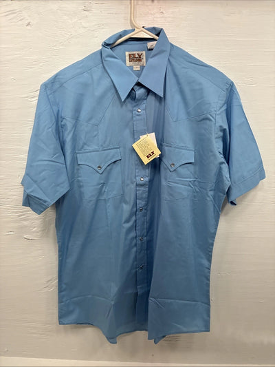 New Men’s ELY Cattleman Simple Blue Short Sleeve Pearl Snap 16 Large A-31