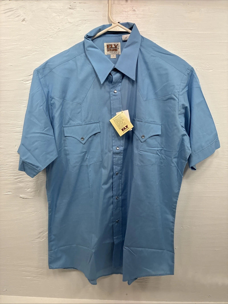 New Men’s ELY Cattleman Simple Blue Short Sleeve Pearl Snap 16 Large A-31