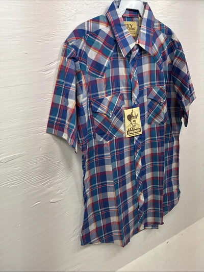 New Men’s ELY Cattleman Blue Plaid Short Sleeve Pearl Snap Medium AA-116