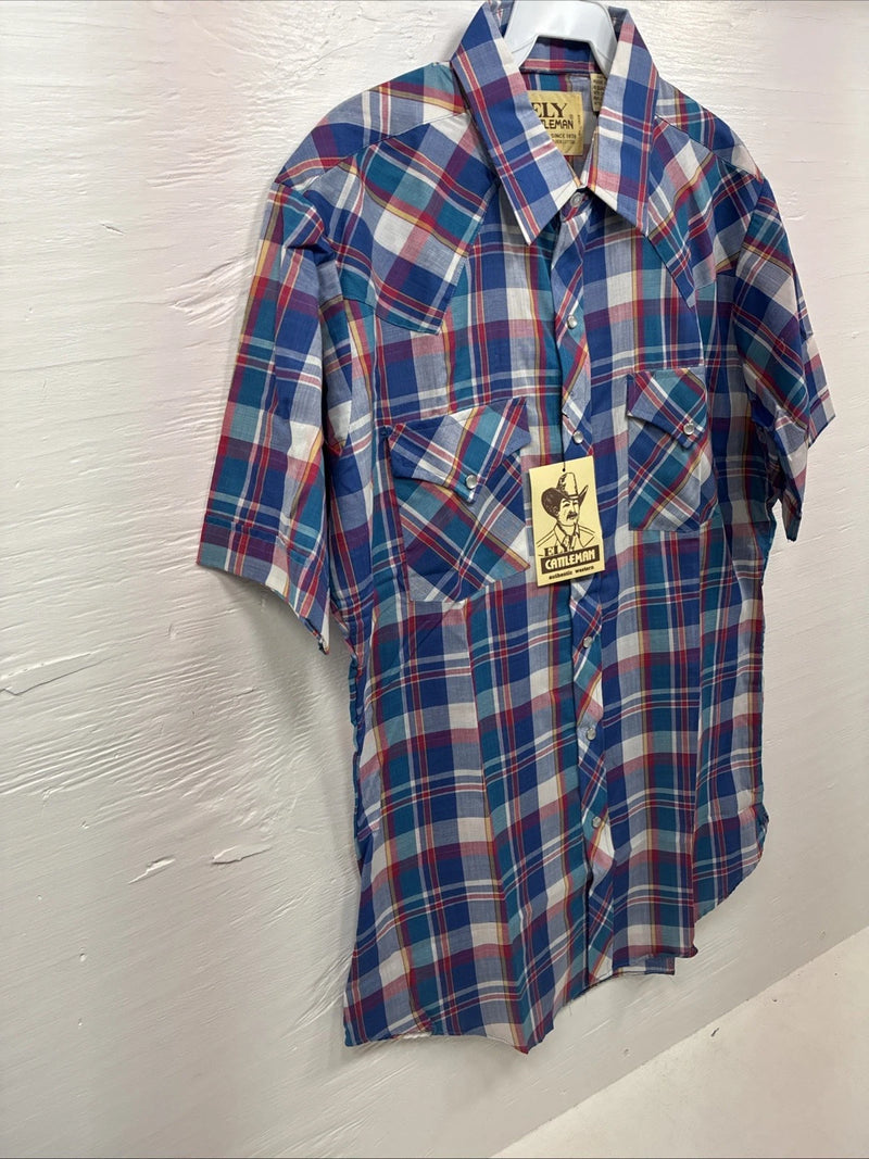 New Men’s ELY Cattleman Blue Plaid Short Sleeve Pearl Snap Medium AA-116 