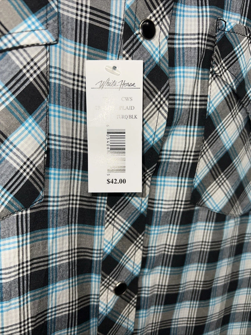 New Men’s Blue Black Plaid White House Long Sleeve Pearl Snap Shirt. Large P-46